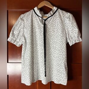White/Black Polka Dot Blouse with Black Ribbon Tie & Ruffle Details Size XL